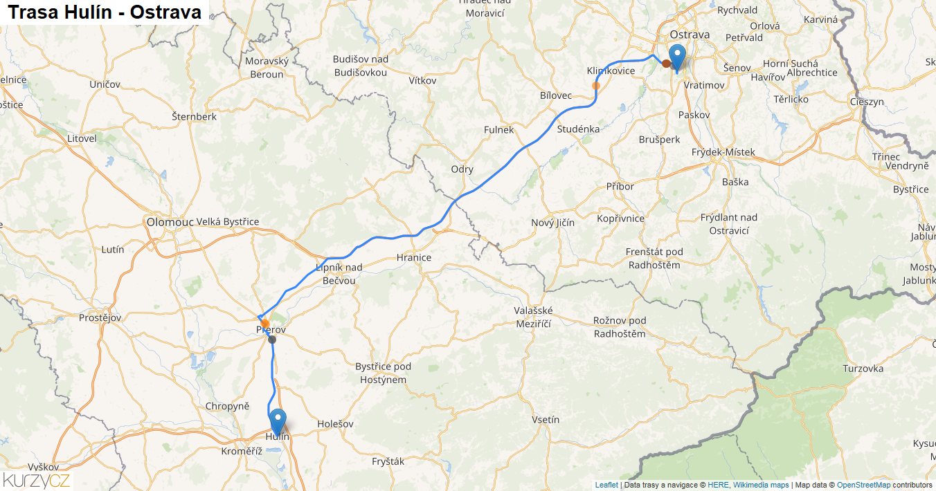 Hulín-Ostrava, mapa trasy