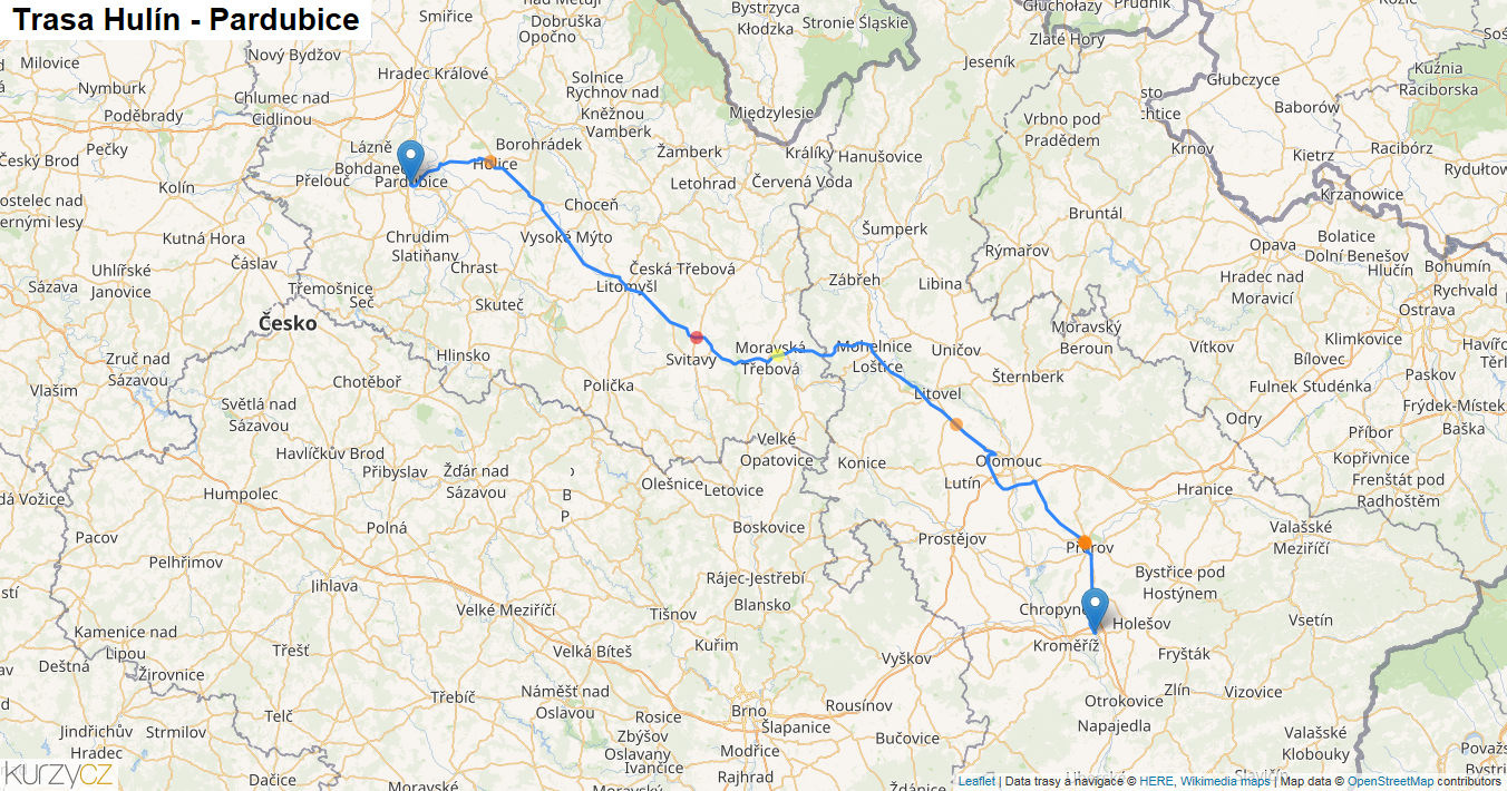 Hulín-Pardubice, mapa trasy