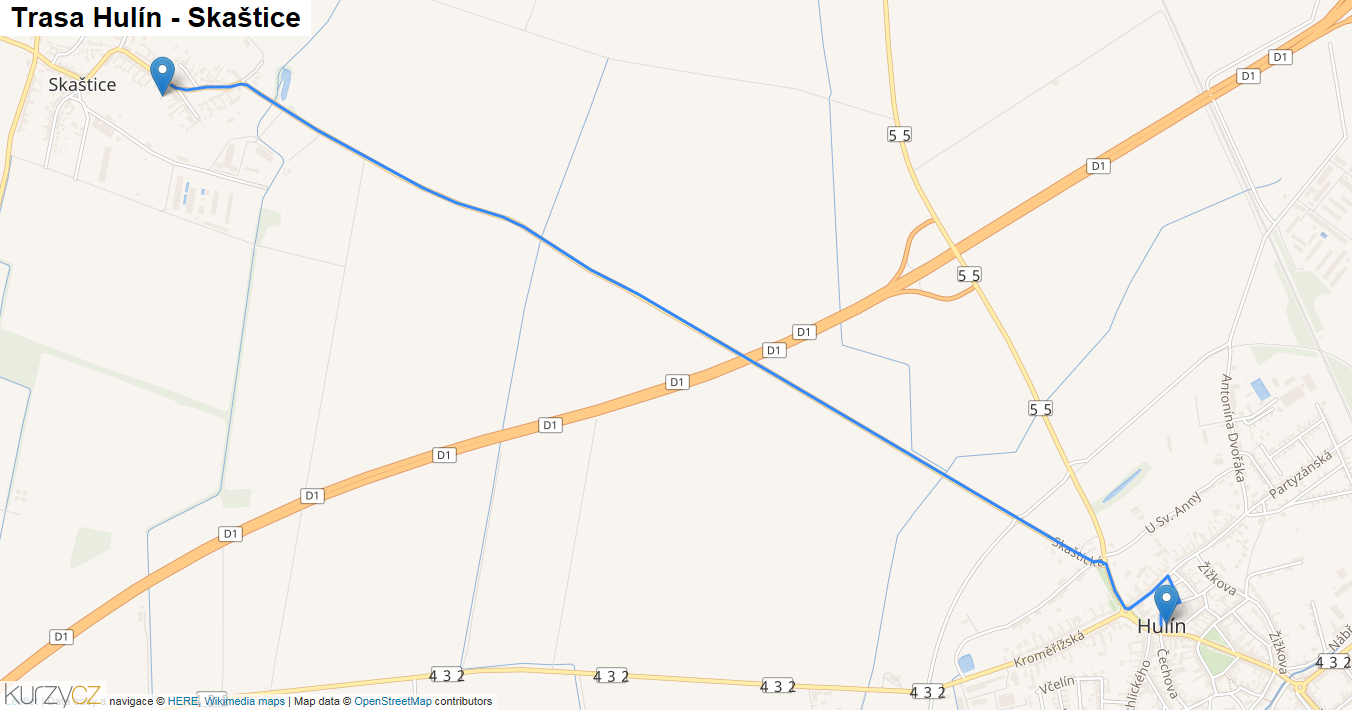 Hulín-Skaštice, mapa trasy