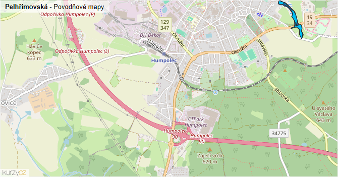 Pelhřimovská - záplavové mapy stoleté vody