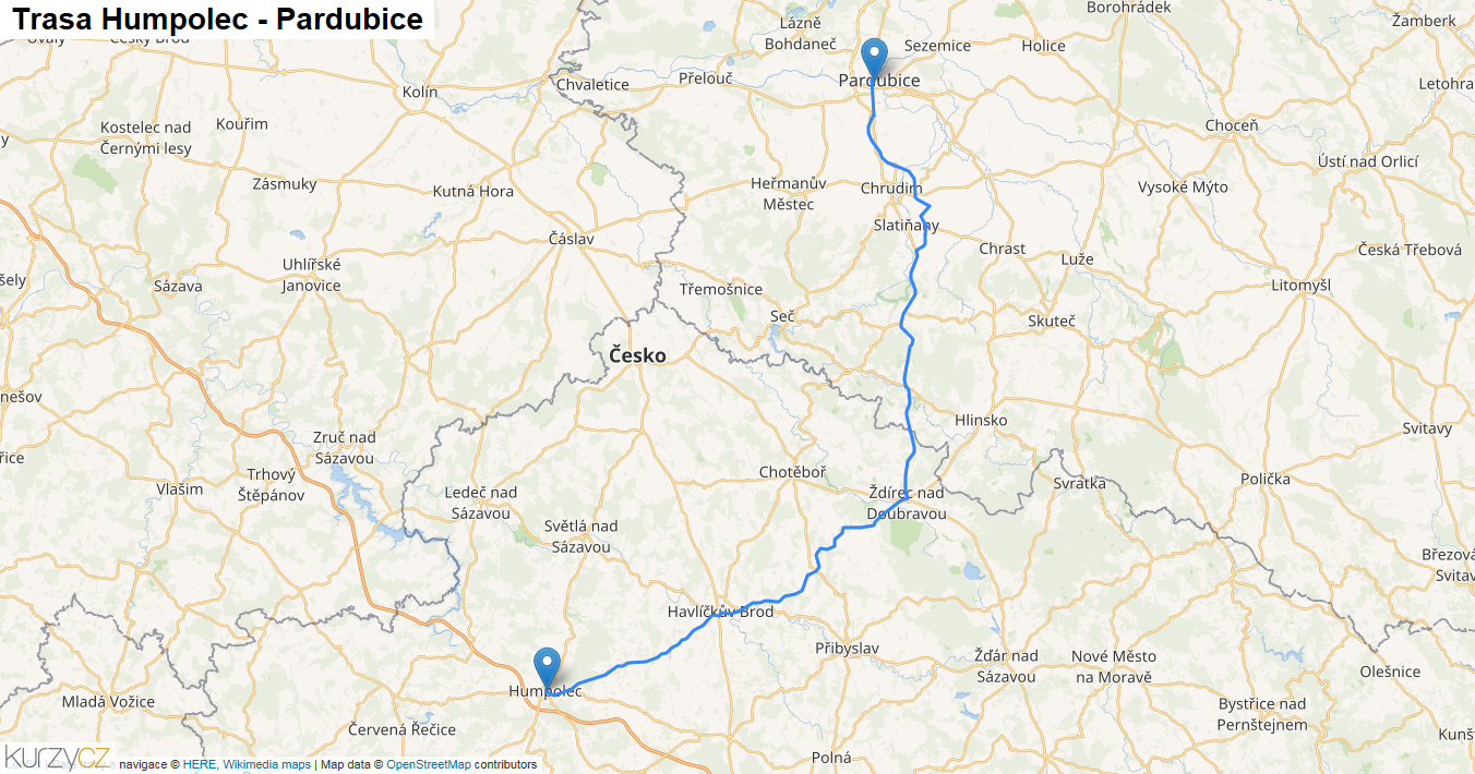Humpolec-Pardubice, mapa trasy