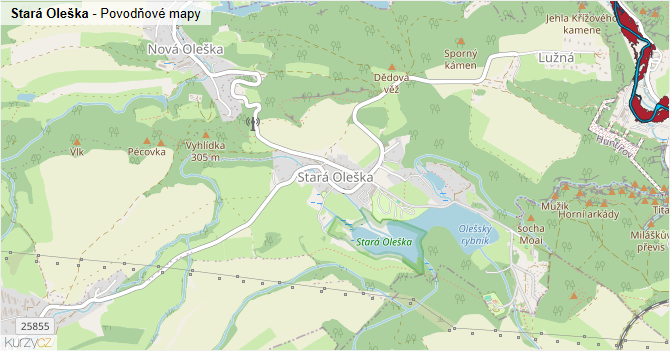 Stará Oleška - záplavové mapy stoleté vody