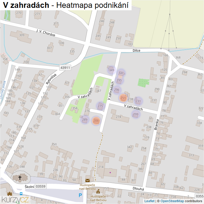 Mapa V zahradách - Firmy v ulici.