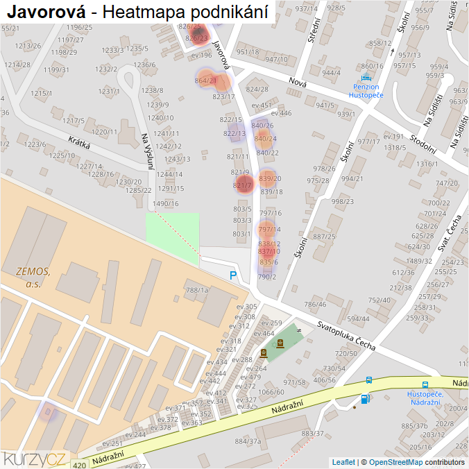 Mapa Javorová - Firmy v ulici.
