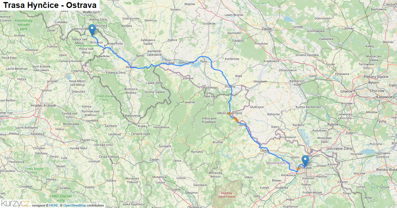 Hynčice-Ostrava, mapa trasy