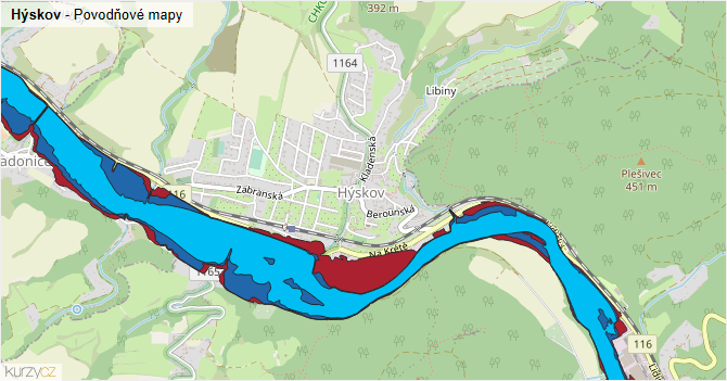 Hýskov - záplavové mapy stoleté vody