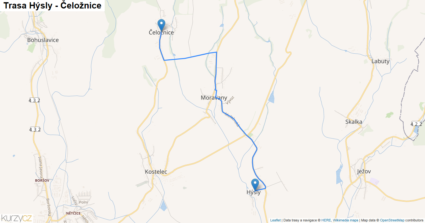 Hýsly-Čeložnice, mapa trasy