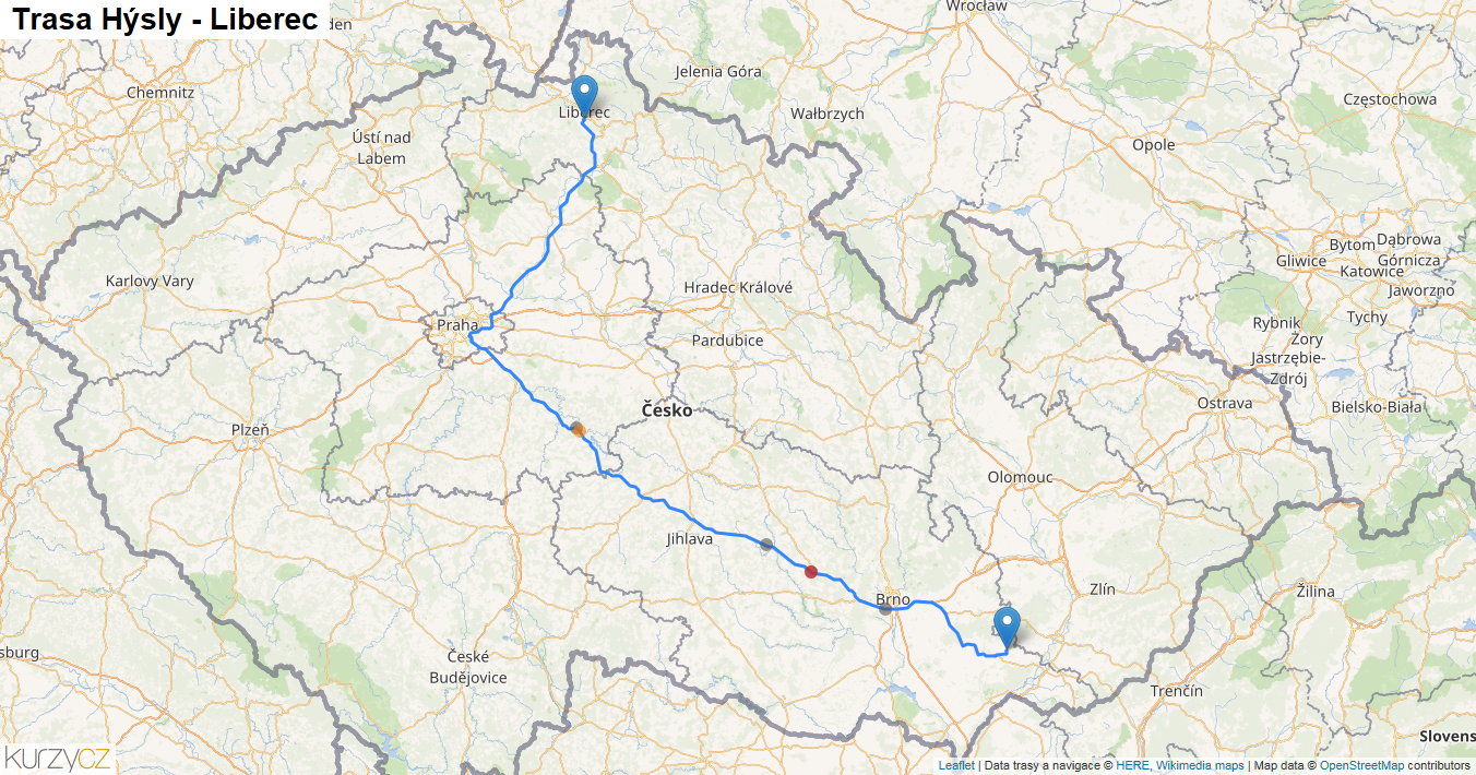 Hýsly-Liberec, mapa trasy