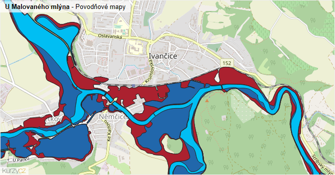 U Malovaného mlýna - záplavové mapy stoleté vody