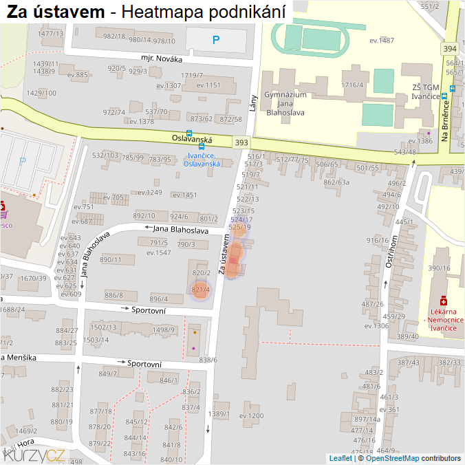 Mapa Za ústavem - Firmy v ulici.