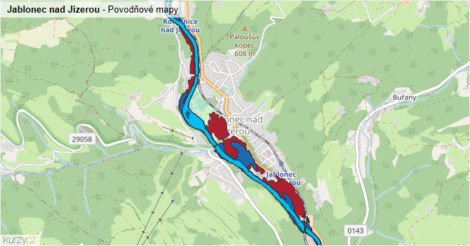 Jablonec nad Jizerou - záplavové mapy stoleté vody