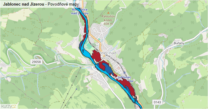 Jablonec nad Jizerou - záplavové mapy stoleté vody