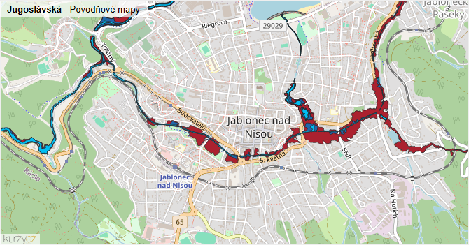 Jugoslávská - záplavové mapy stoleté vody