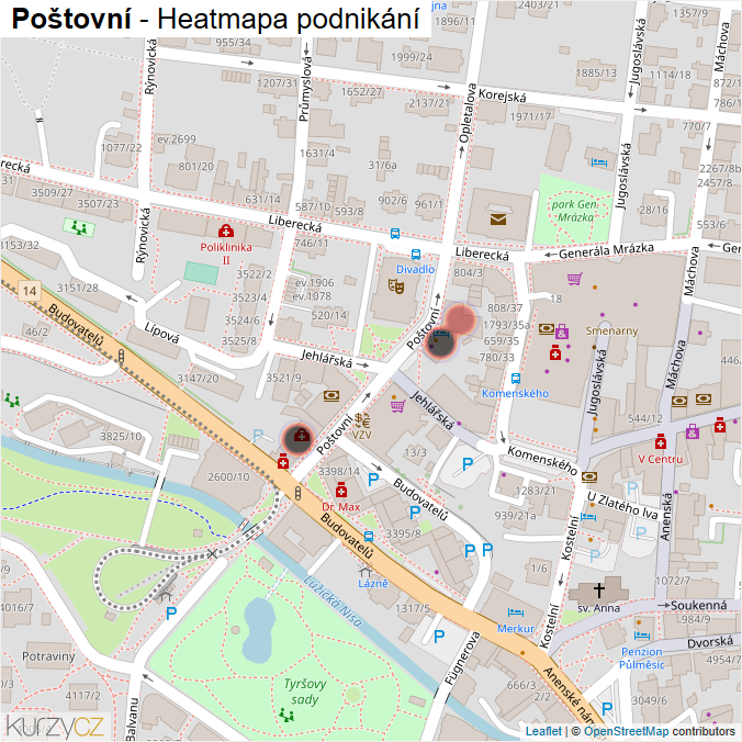 Mapa Poštovní - Firmy v ulici.