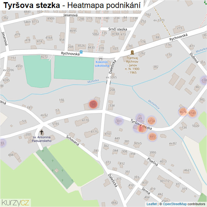 Mapa Tyršova stezka - Firmy v ulici.