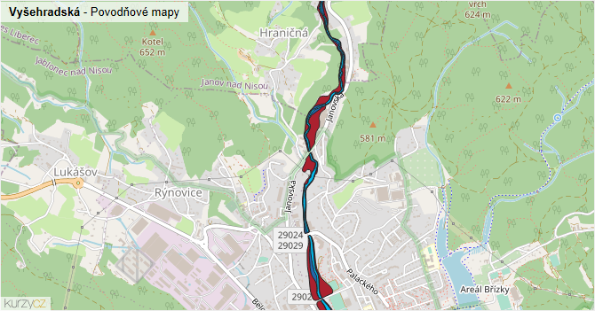 Vyšehradská - záplavové mapy stoleté vody