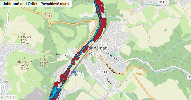 Jablonné nad Orlicí - záplavové mapy stoleté vody