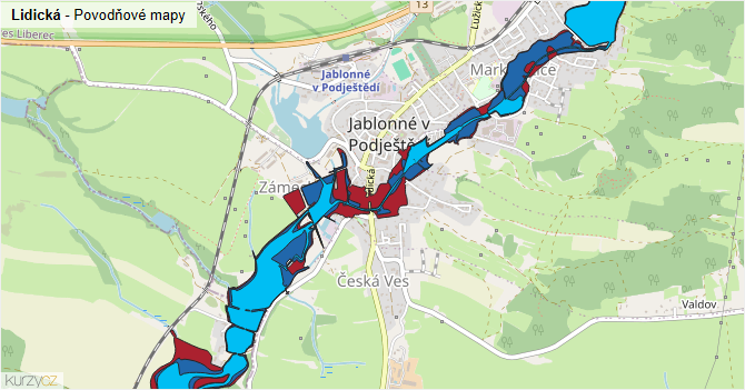Lidická - záplavové mapy stoleté vody