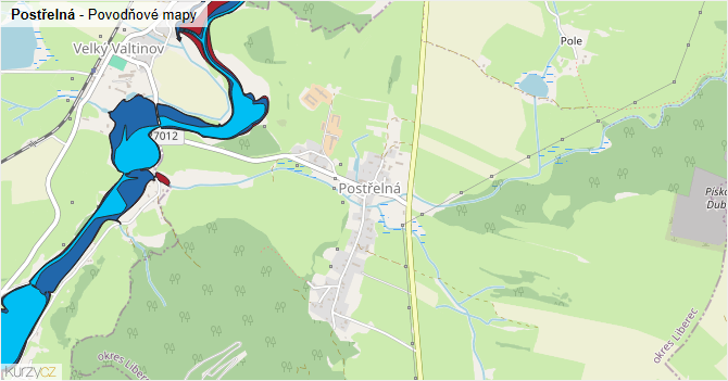Postřelná - záplavové mapy stoleté vody