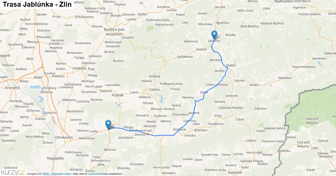 Jablůnka-Zlín, mapa trasy