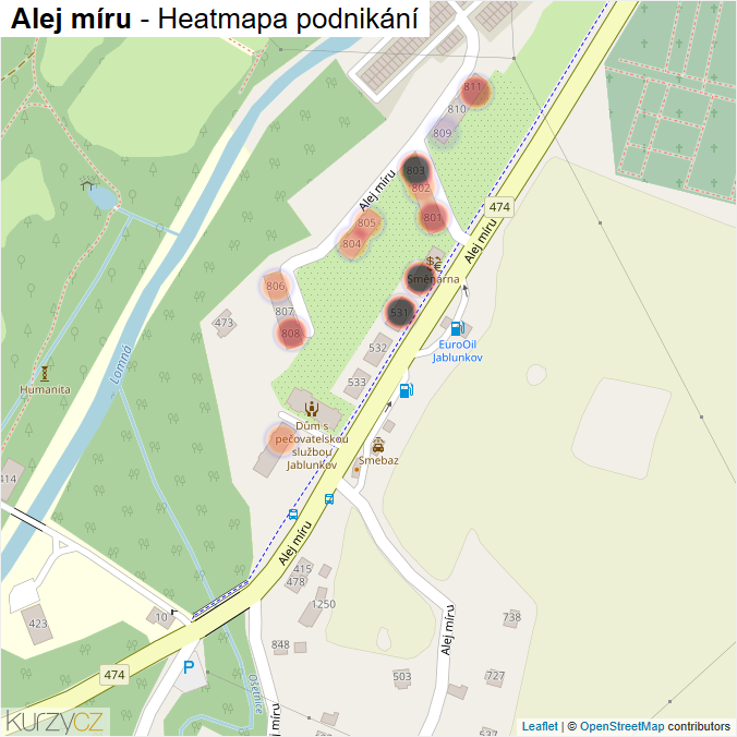 Mapa Alej míru - Firmy v ulici.