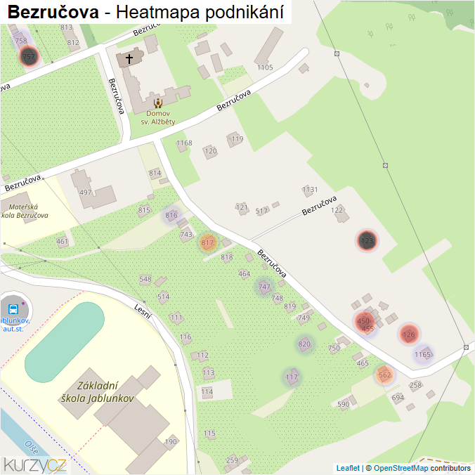 Mapa Bezručova - Firmy v ulici.