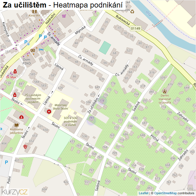 Mapa Za učilištěm - Firmy v ulici.