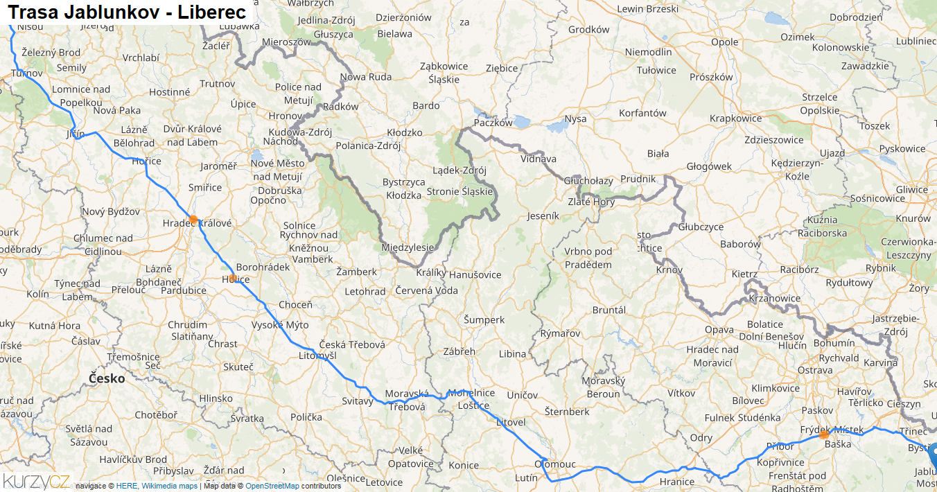 Jablunkov-Liberec, mapa trasy