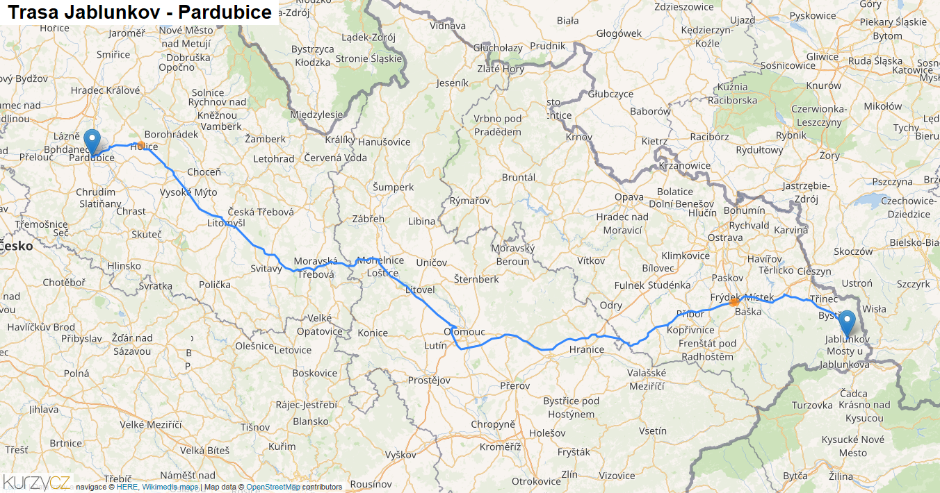 Jablunkov-Pardubice, mapa trasy