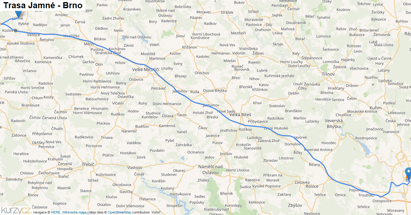 Jamné-Brno, mapa trasy