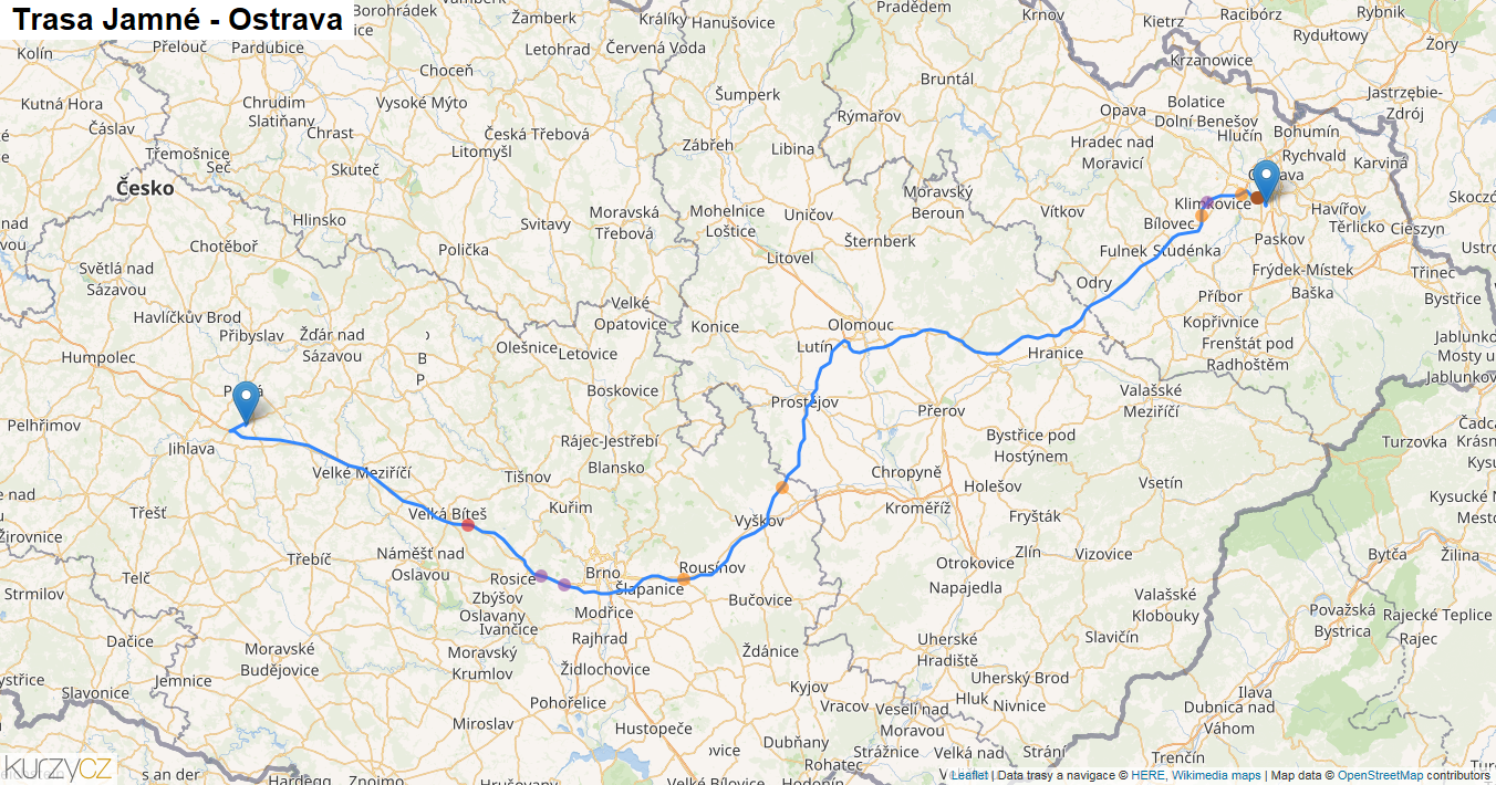 Jamné-Ostrava, mapa trasy