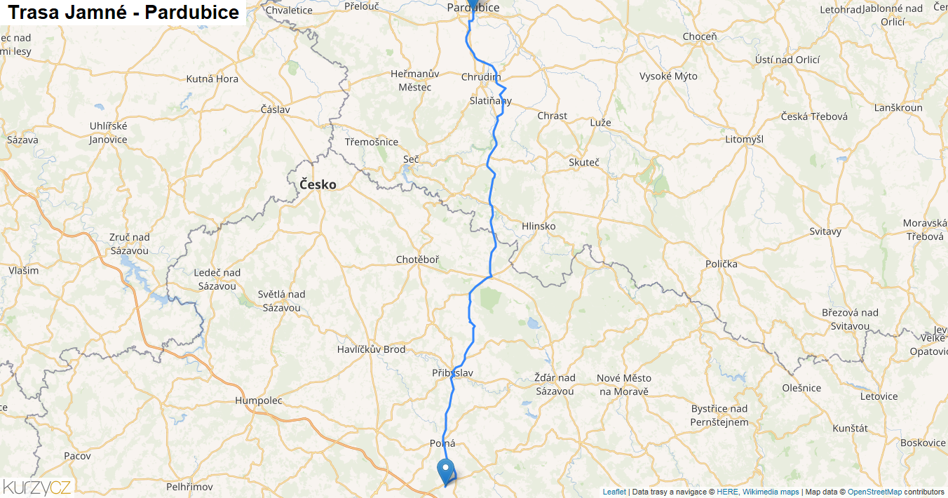 Jamné-Pardubice, mapa trasy