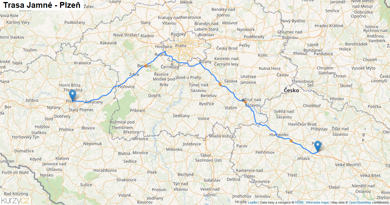 Jamné-Plzeň, mapa trasy