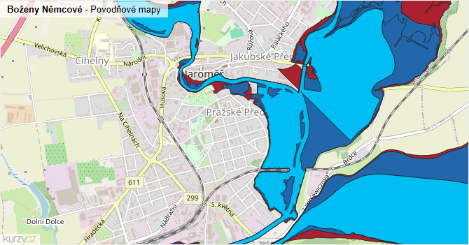 Boženy Němcové - záplavové mapy stoleté vody