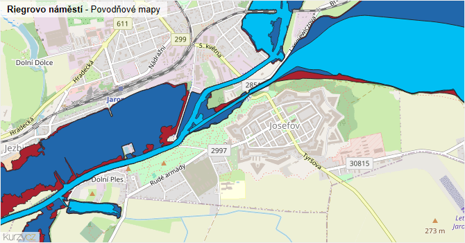 Riegrovo náměstí - záplavové mapy stoleté vody
