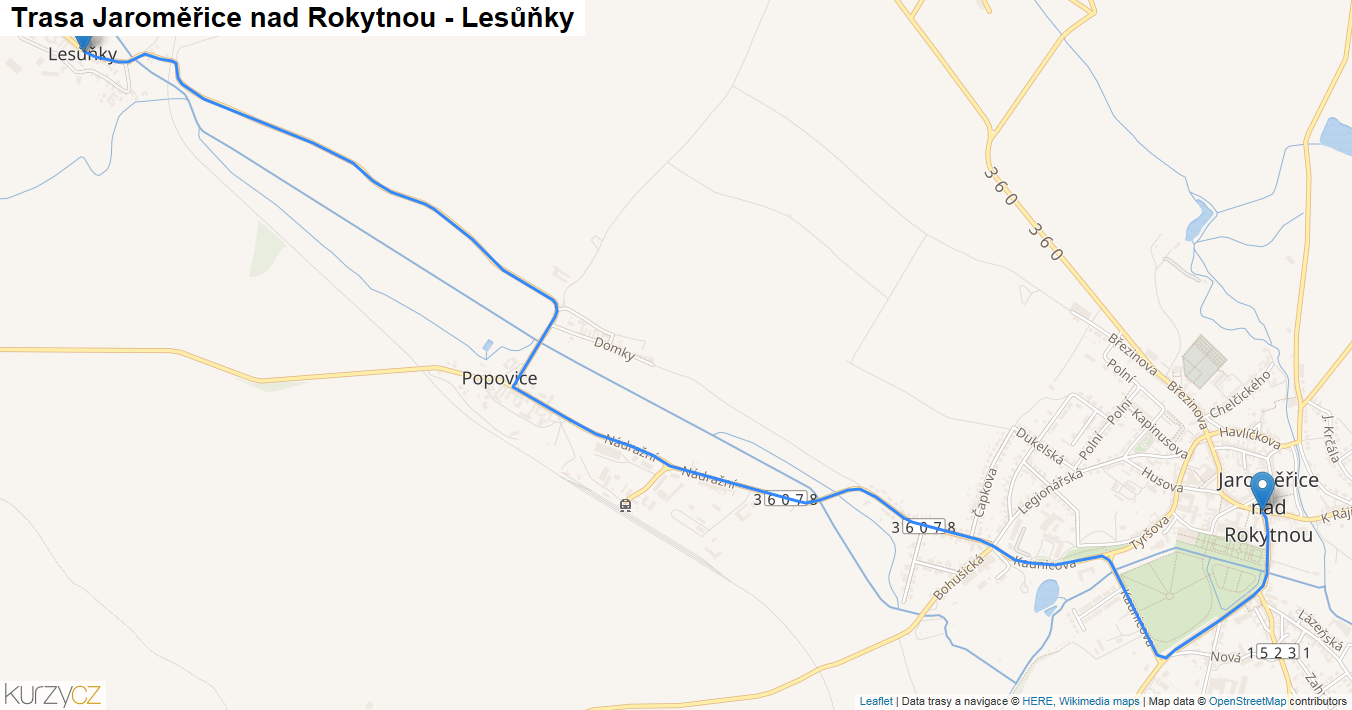 Jaroměřice nad Rokytnou-Lesůňky, mapa trasy