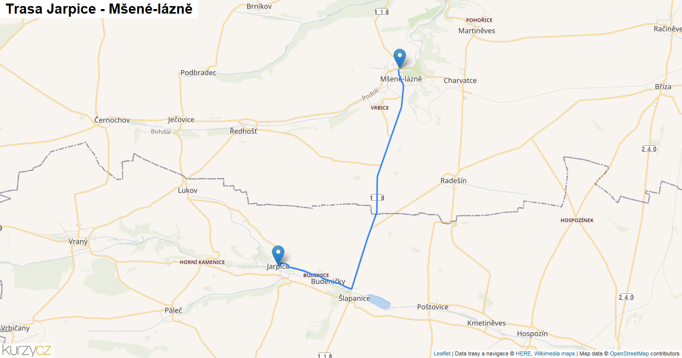 Jarpice-Mšené-lázně, mapa trasy