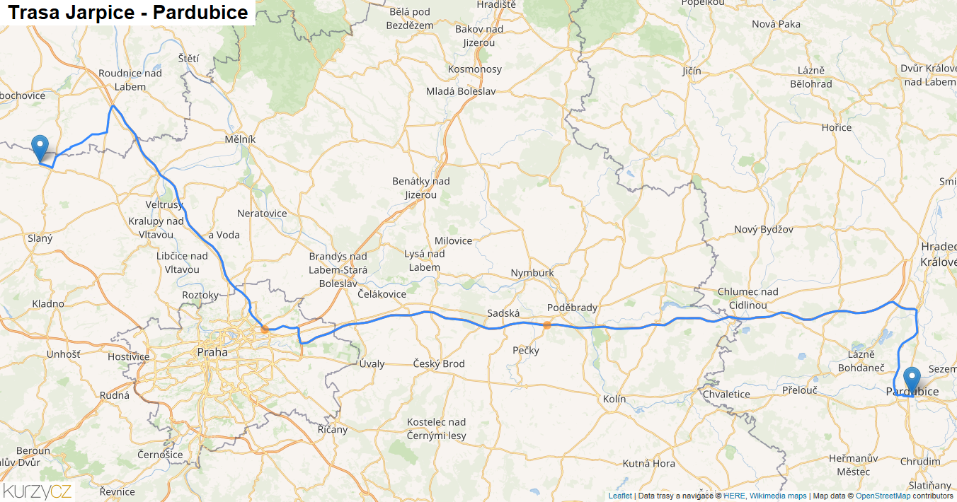 Jarpice-Pardubice, mapa trasy