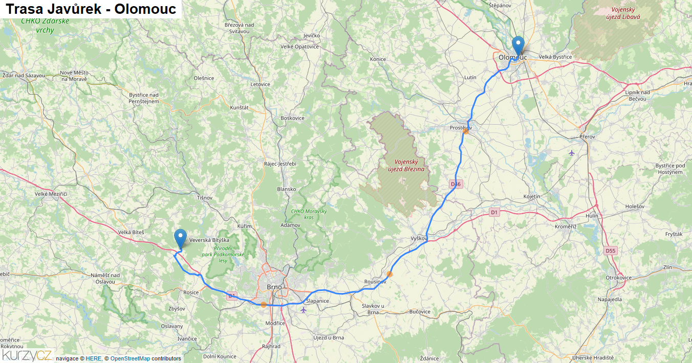 Javůrek-Olomouc, mapa trasy