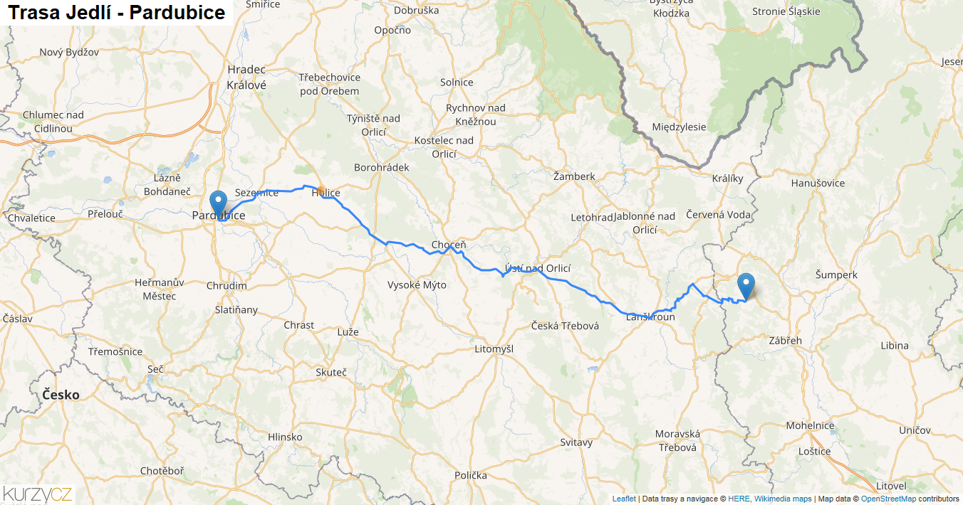 Jedlí-Pardubice, mapa trasy