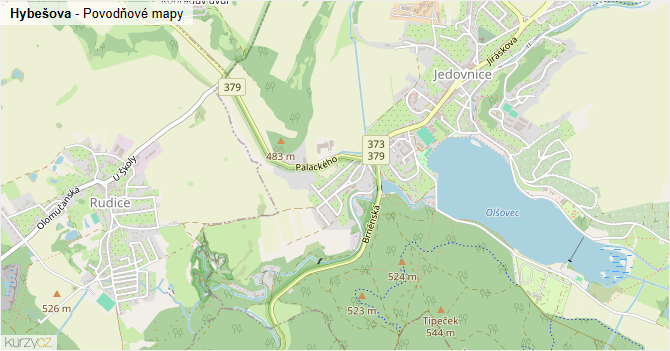 Hybešova - záplavové mapy stoleté vody