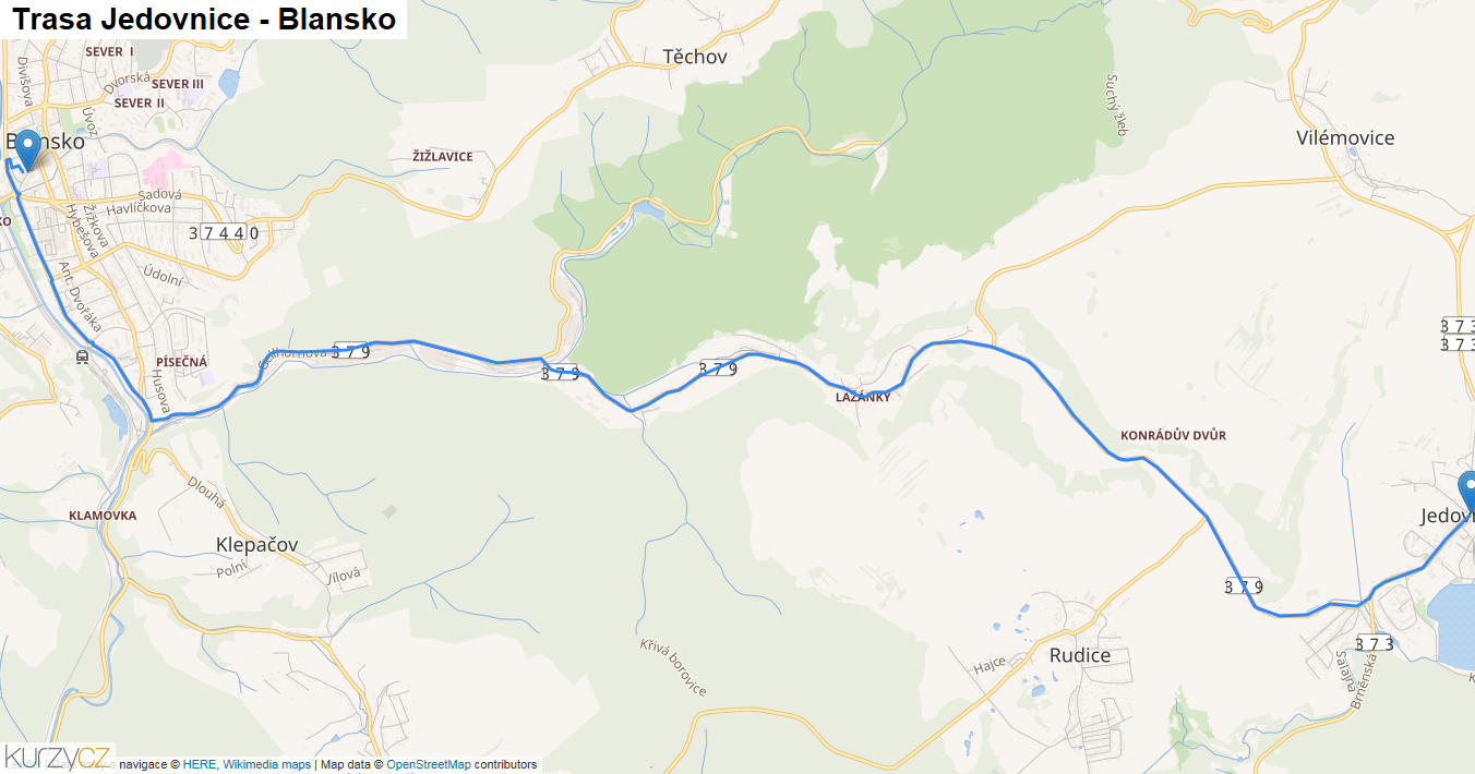 Jedovnice-Blansko, mapa trasy