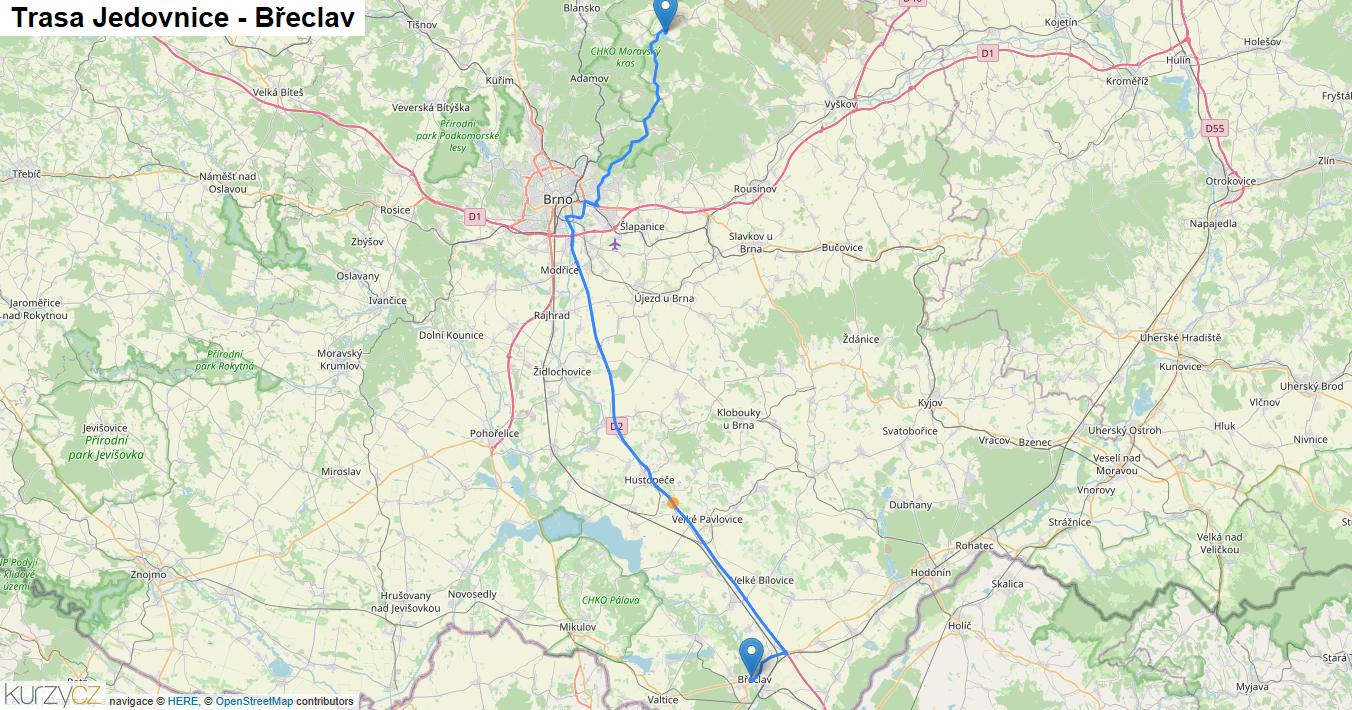 Jedovnice-Břeclav, mapa trasy