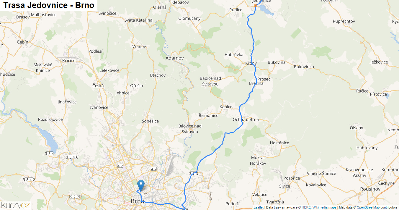 Jedovnice-Brno, mapa trasy