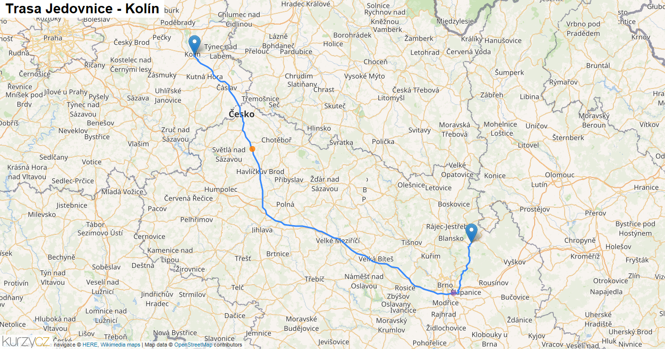 Jedovnice-Kolín, mapa trasy