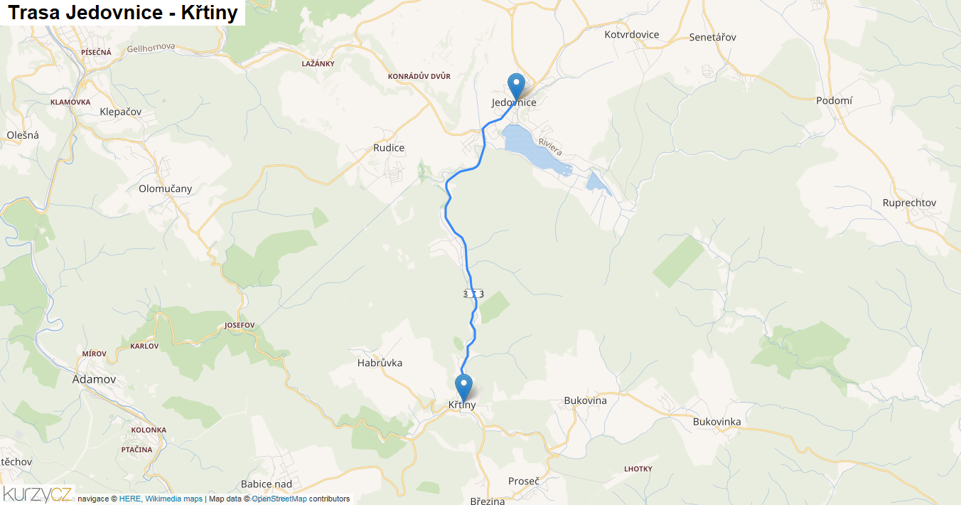 Jedovnice-Křtiny, mapa trasy