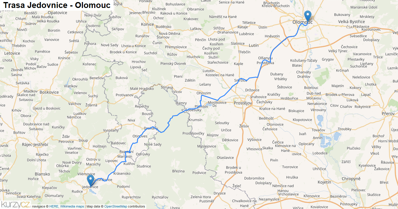 Jedovnice-Olomouc, mapa trasy