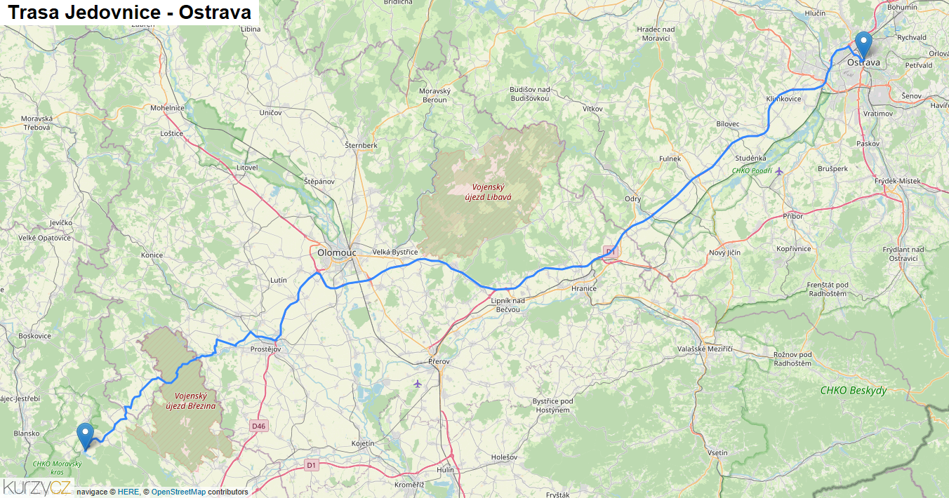 Jedovnice-Ostrava, mapa trasy