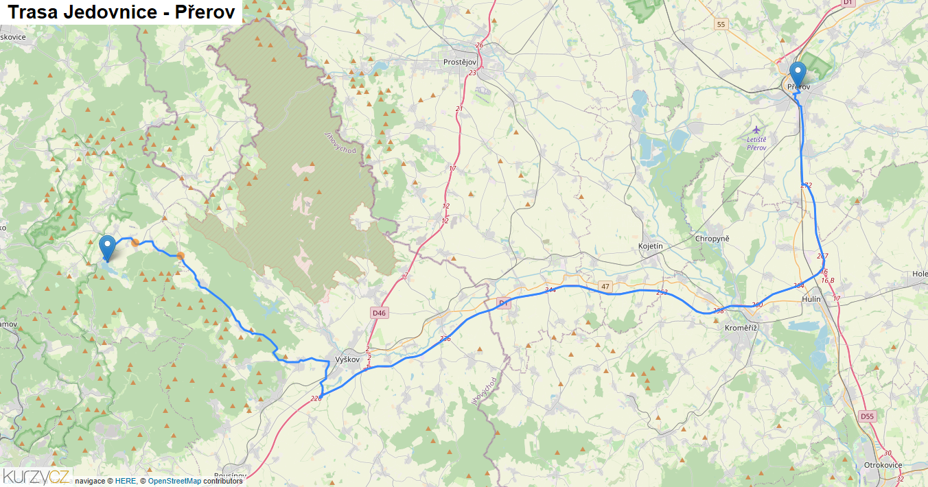 Jedovnice-Přerov, mapa trasy