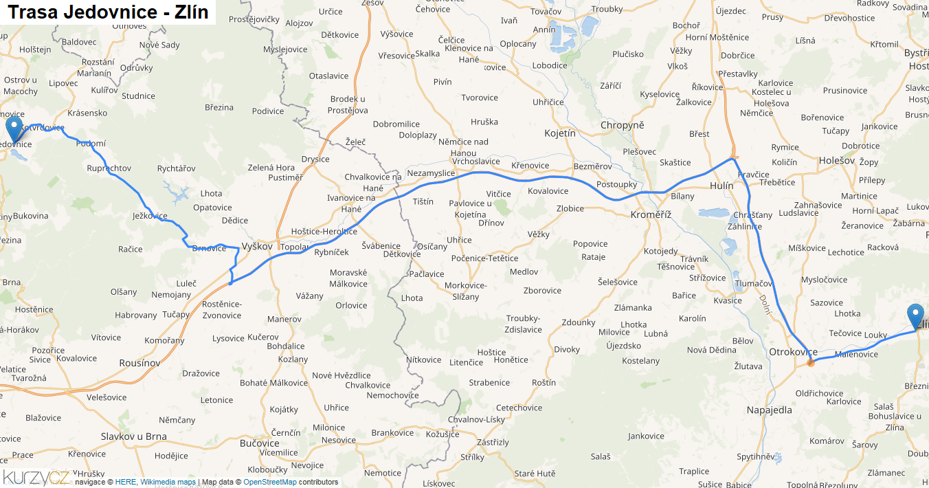 Jedovnice-Zlín, mapa trasy